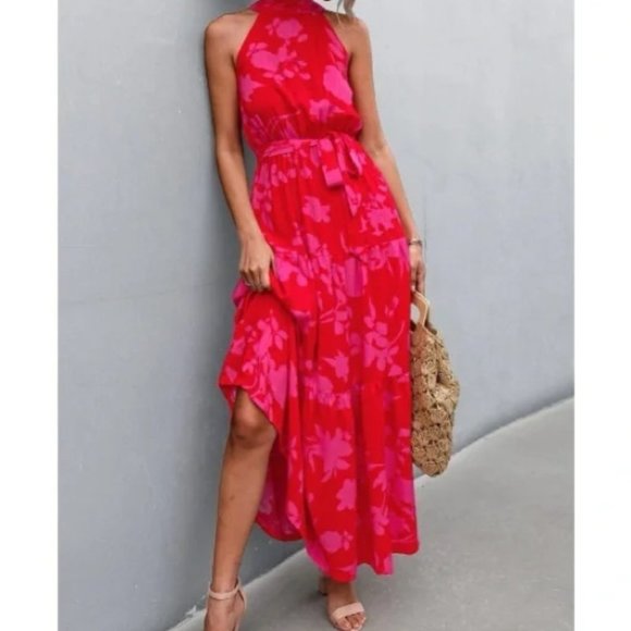 red pink floral print belted halter maxi dress -  Boho - Picture 11 of 11